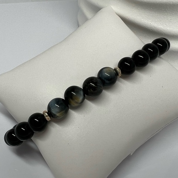 BLUE Tiger Eye & Onyx Beaded Bracelet - Picture 7 of 12
